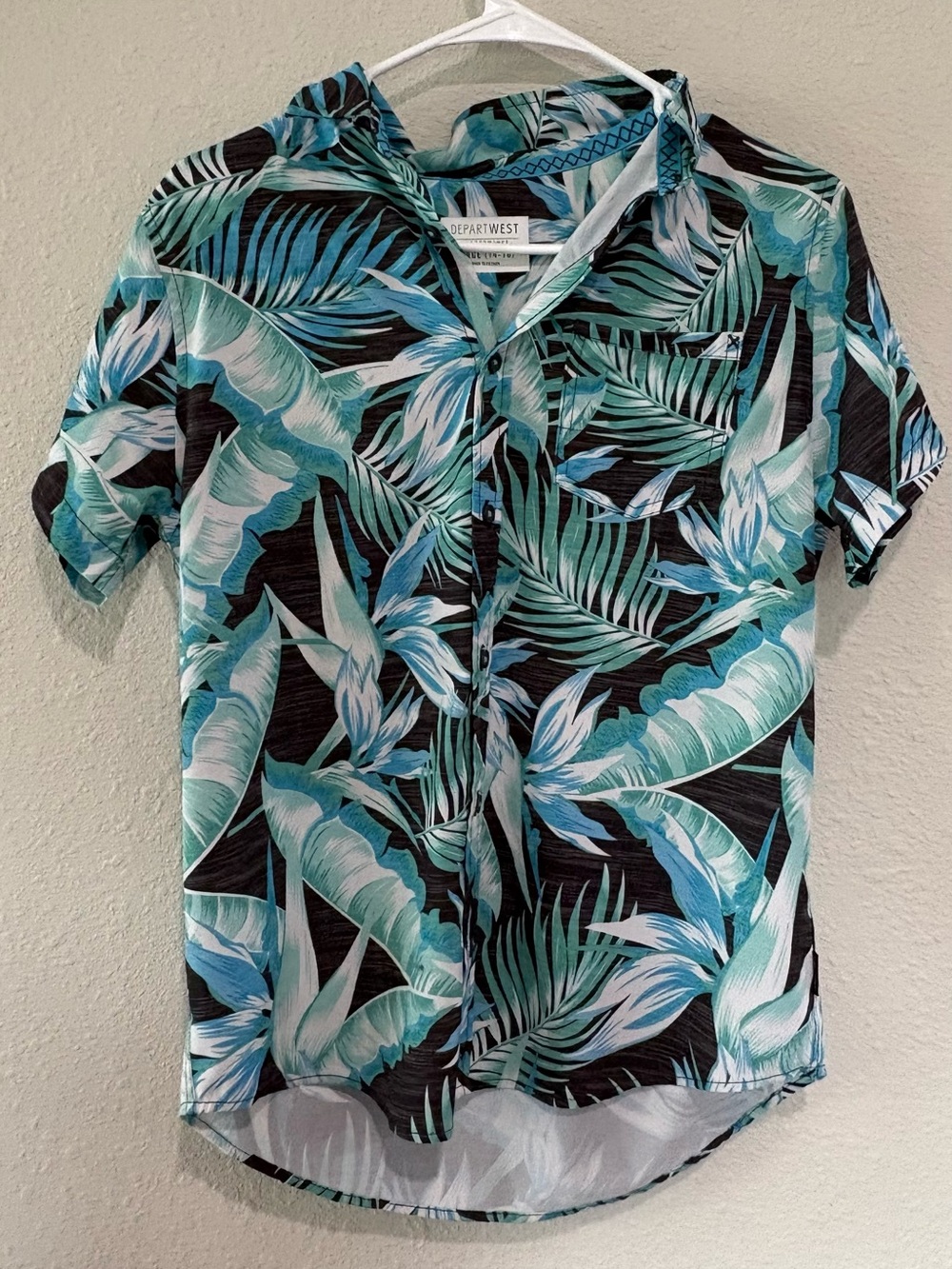 Short-Sleeve Tropical Print Shirt in Teal/Black 14/16